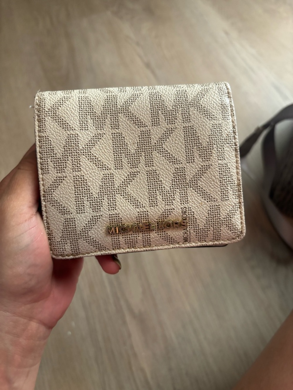 Michael Kors Beige Monogram Compact Wallet with Gold Logo